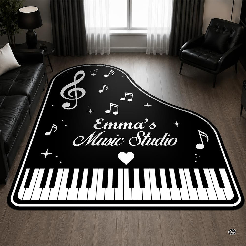 Music note grand piano rug in a dark lounge