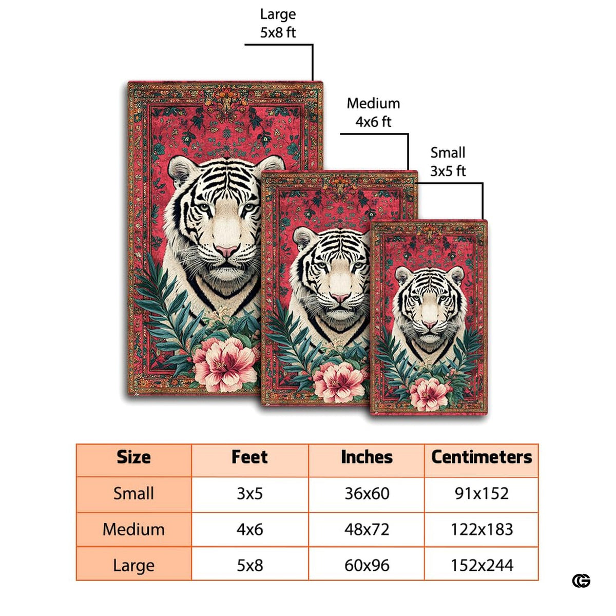 Dimensions and sizing chart for crimson red tapestry white tiger area rug