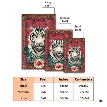 Dimensions and sizing chart for crimson red tapestry white tiger area rug - thumbnail image 2 of 8