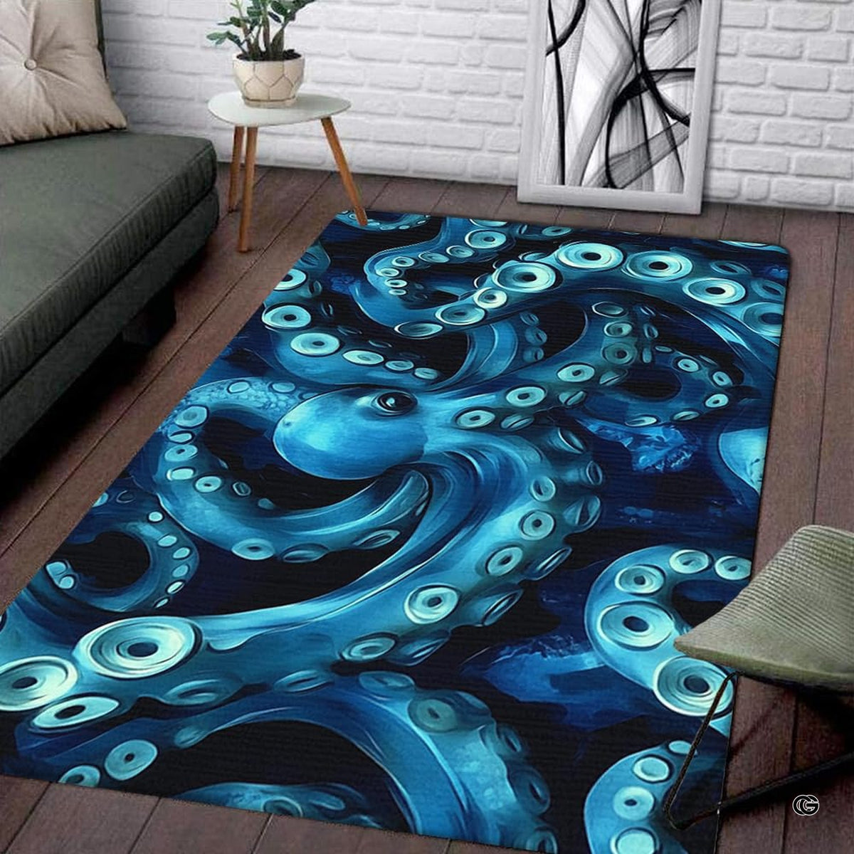 Size and dimensions guide for deep blue kraken octopus area rug