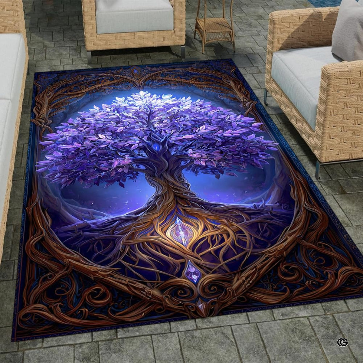 Patio stone lounge with wicker seating displaying the purple Celtic Tree of Life area rug - image 1 of 8
