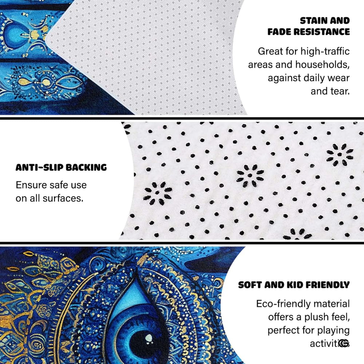 Artistic angle highlighting deep royal blue tones and delicate mandala lacework on the rug.