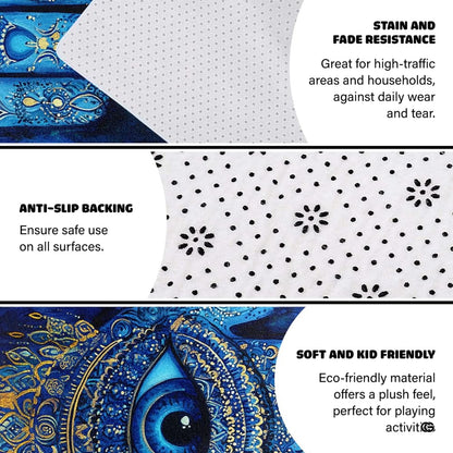Artistic angle highlighting deep royal blue tones and delicate mandala lacework on the rug. - thumbnail image 4 of 8