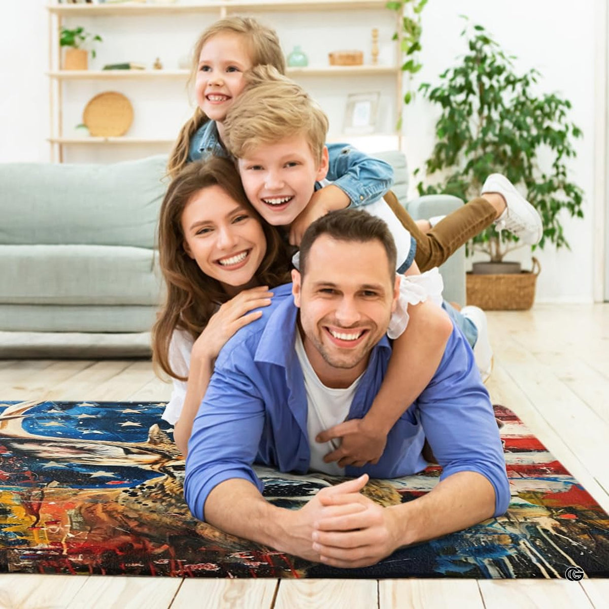 Lifestyle scene featuring family lounging on american flag whitetail deer area rug. - image 5 of 7