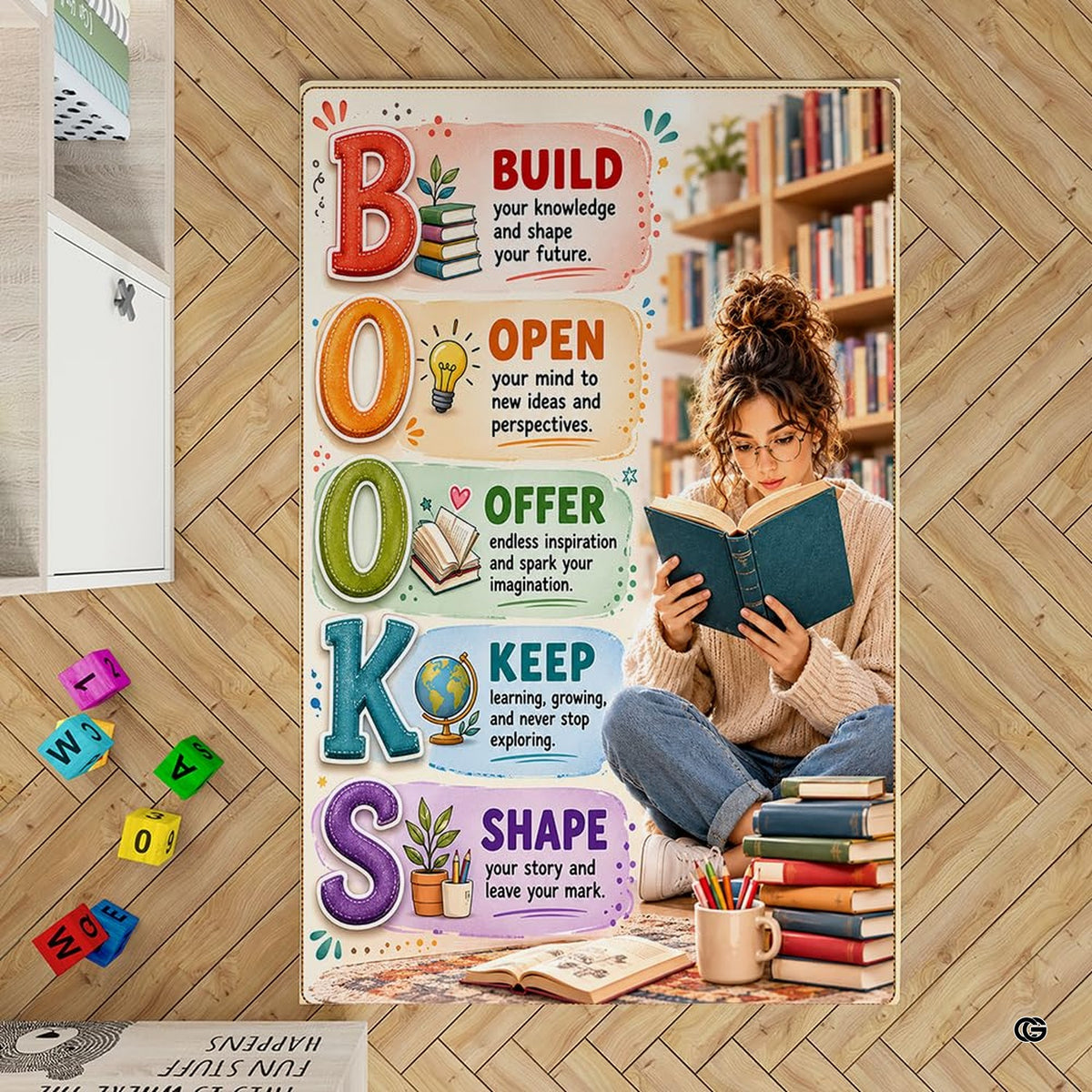 Detailed view of classroom library carpet artwork featuring book stacks, sprout motif, and lightbulb graphic.