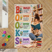 Detailed view of classroom library carpet artwork featuring book stacks, sprout motif, and lightbulb graphic. - thumbnail image 2 of 3