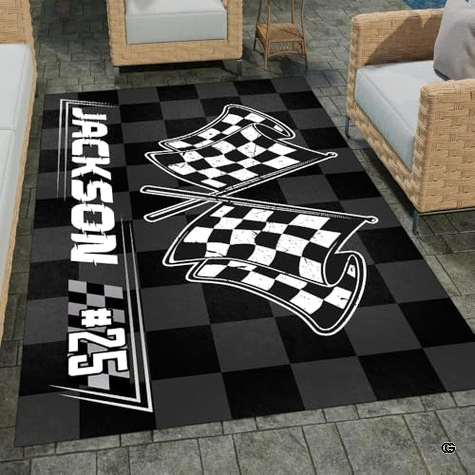 Personalized Checkered Flag Racing Area Rug, Non-Slip - Design 07