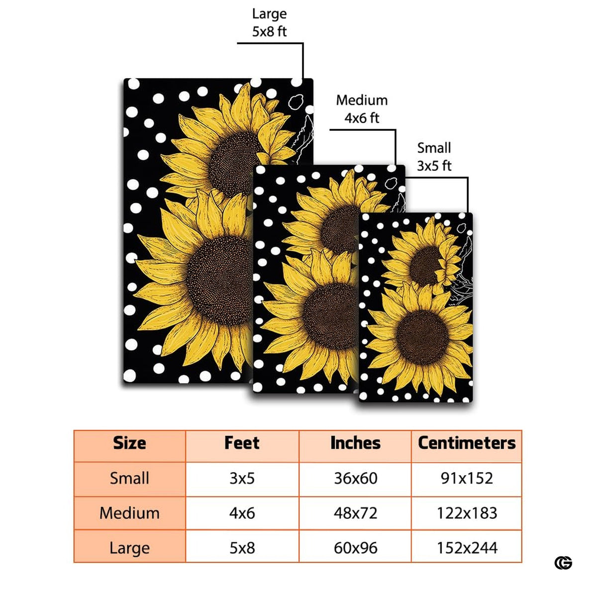 Overhead view of a floral floor carpet displaying vibrant yellow sunflower prints over contrasting black styling. - image 3 of 7