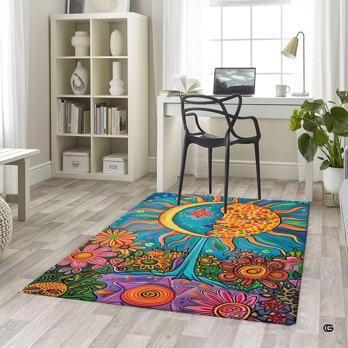Lifestyle scene featuring family lounging on celestial boho sun moon area rug. - image 5 of 5