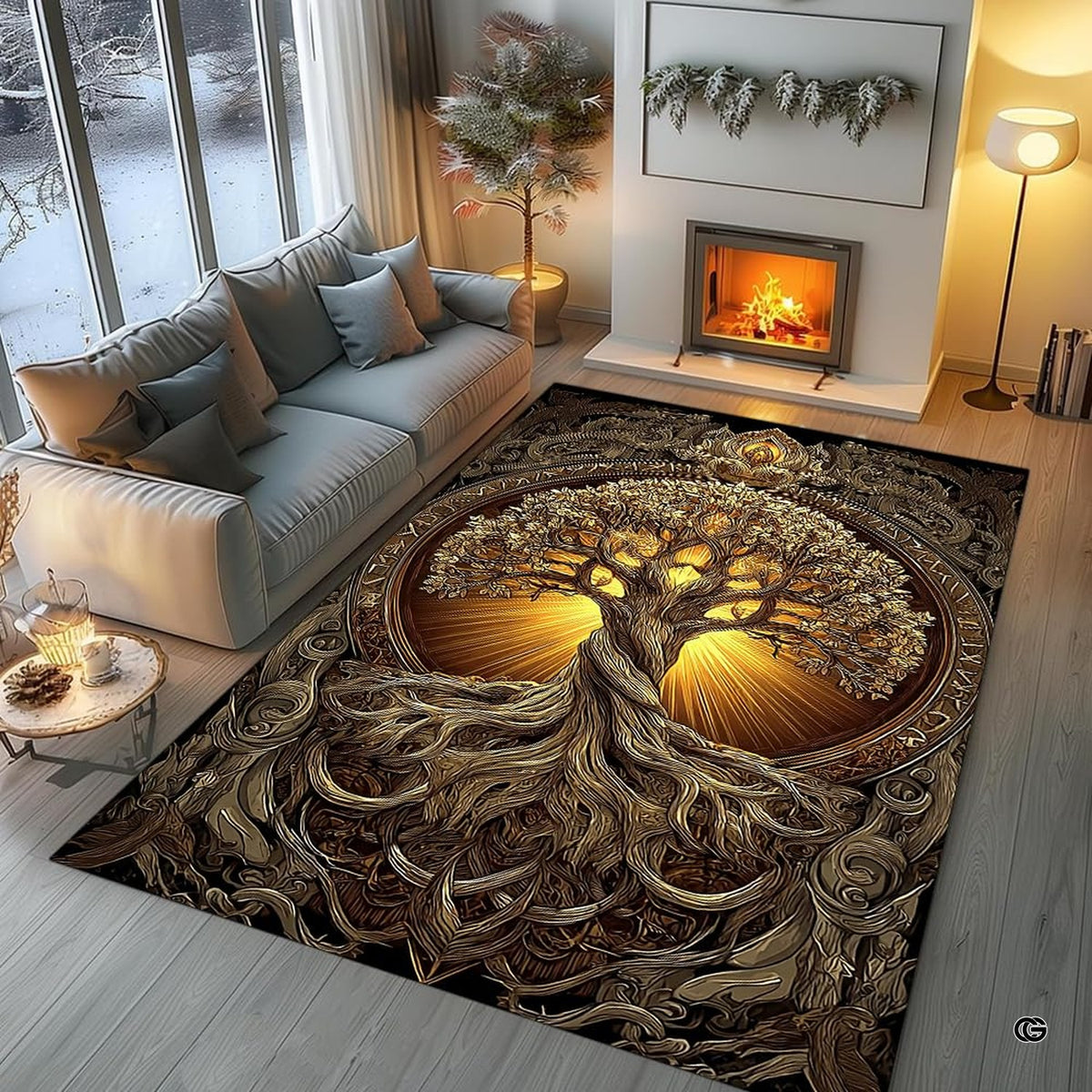 Overhead floor layout view of the antique bronze Norse Yggdrasil Tree of Life area rug - image 7 of 8