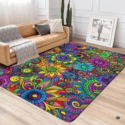 Stylized view of daisy motifs and dynamic colorful swirls anchoring a bright modern room arrangement. - thumbnail image 4 of 5