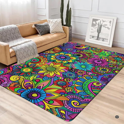 Stylized view of daisy motifs and dynamic colorful swirls anchoring a bright modern room arrangement. - thumbnail image 4 of 5