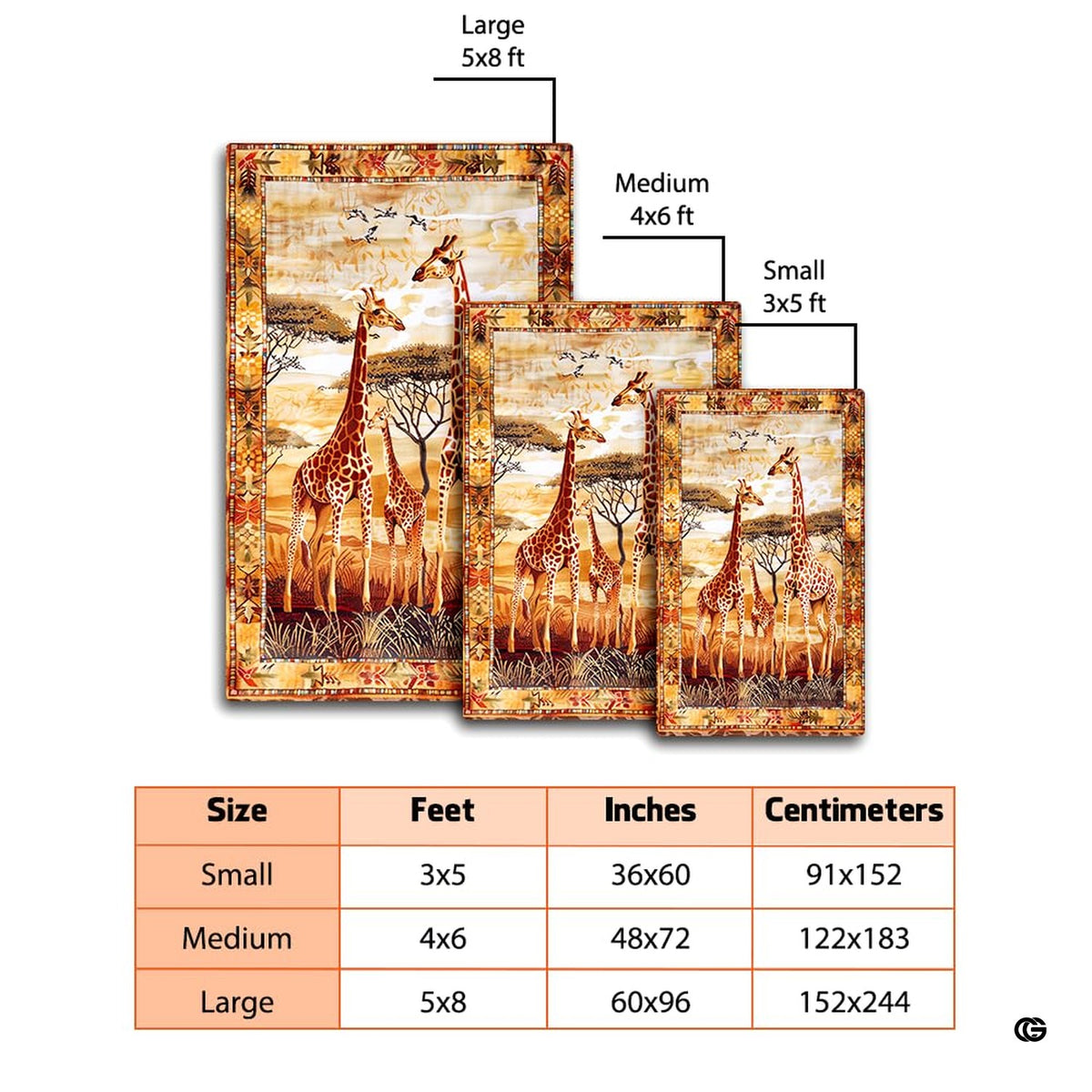 Overhead floor layout view of the golden savanna giraffe family area rug