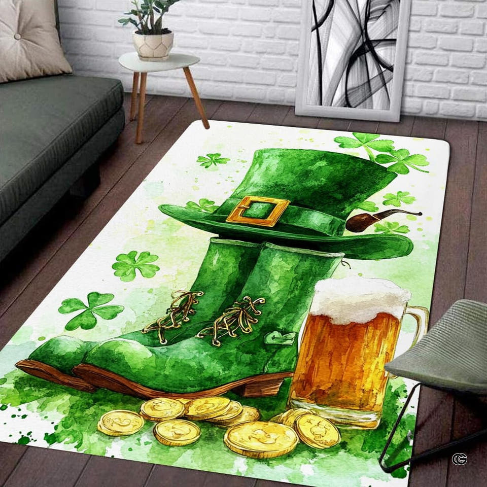 Leprechaun hat boots beer mug Irish living room area rug with gold coins and shamrocks