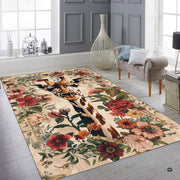 Fireside lounge setting with a person relaxing on the vintage floral giraffe rug - thumbnail image 5 of 7