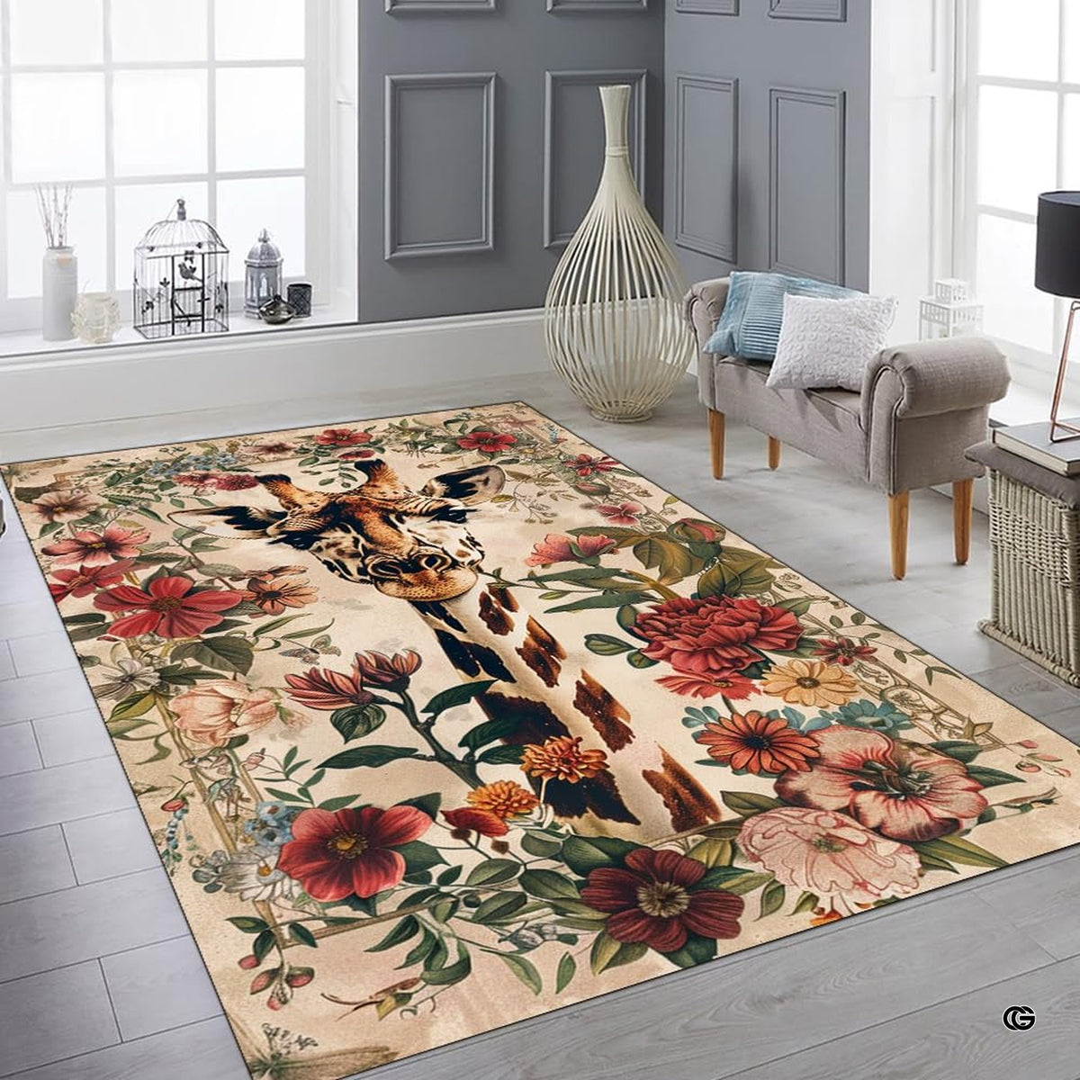 Fireside lounge setting with a person relaxing on the vintage floral giraffe rug - image 5 of 7