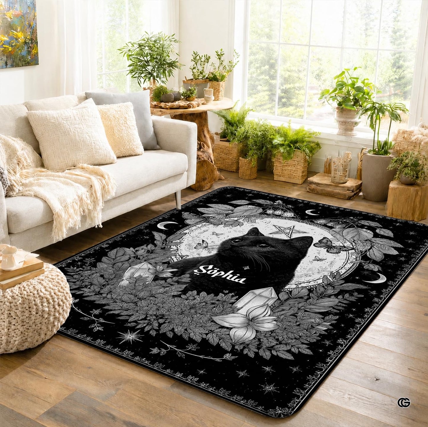 Personalized Witch Area Rug with Name - Custom Halloween Rug, Black Cat & Raven Floor Carpet, Spooky Gothic Home Decor, Non Slip Rugs (Style 3)