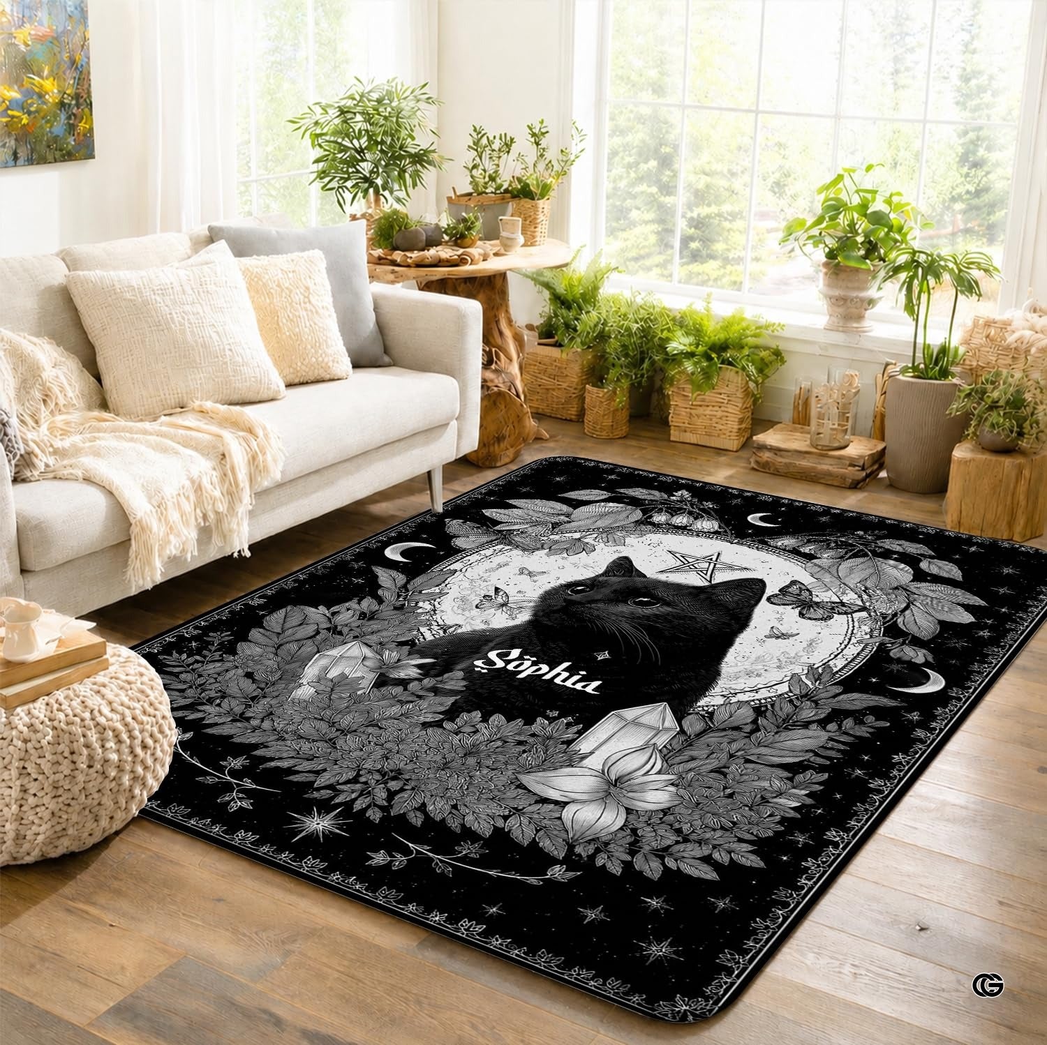Personalized Witch Area Rug with Name - Custom Halloween Rug, Black Cat & Raven Floor Carpet, Spooky Gothic Home Decor, Non Slip Rugs (Style 3)