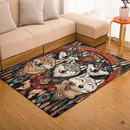 Overhead layout view of the rectangular tribal wolf pack dreamcatcher rustic rug - thumbnail image 7 of 7