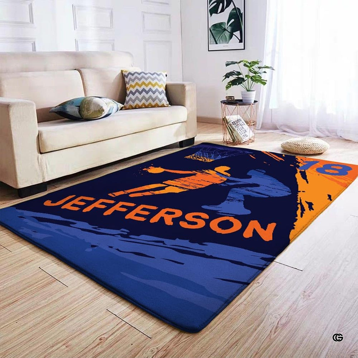 Anti-slip dot backing and clean hemmed edge stitching on basketball area rug