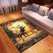 Mockup display showing the rustic elk deer rug placed in front of living room furniture - thumbnail image 2 of 5