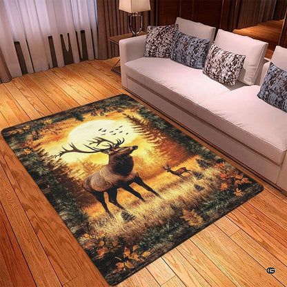Mockup display showing the rustic elk deer rug placed in front of living room furniture - thumbnail image 2 of 5