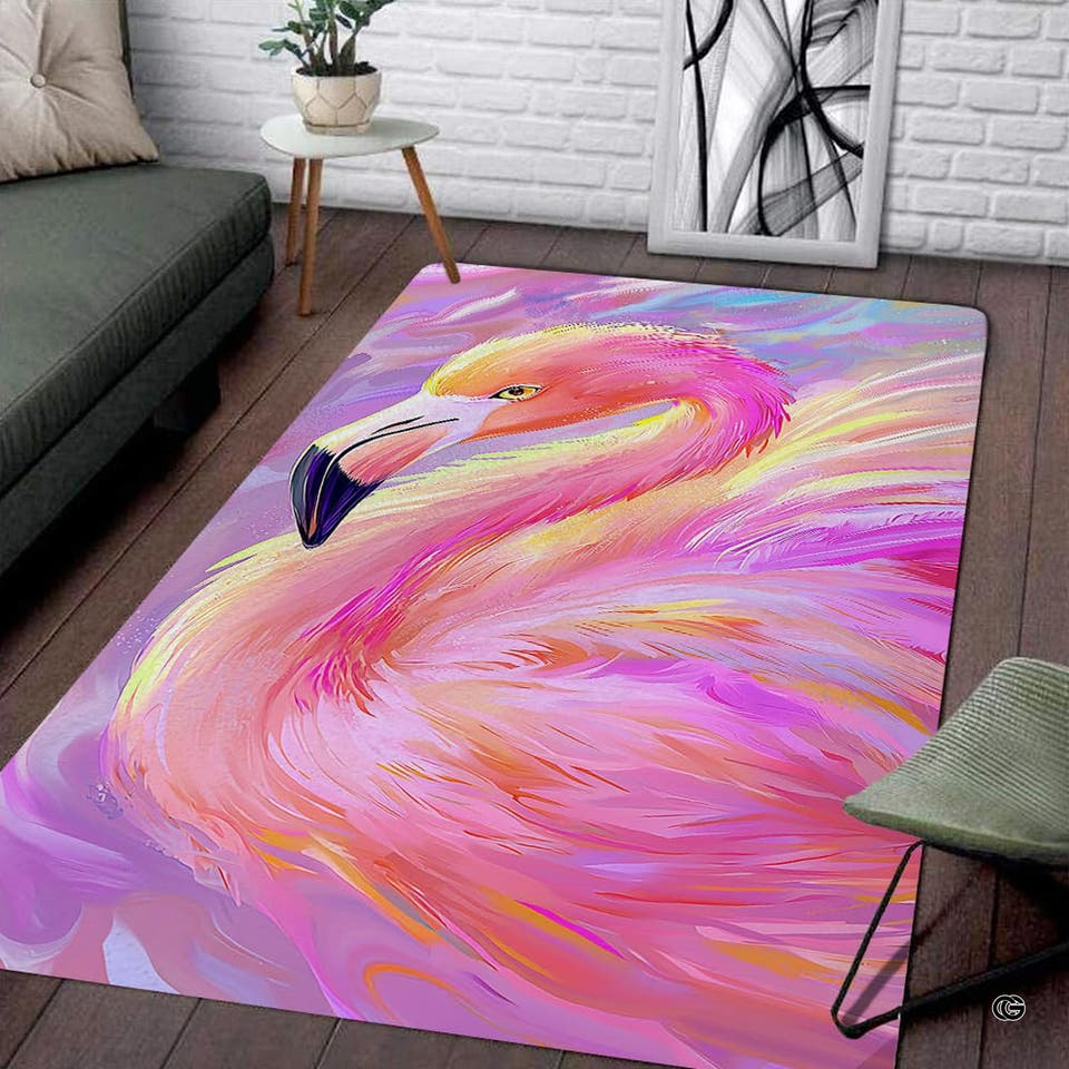 Flamingo oil painting area rug displaying rich magenta brushstrokes across a swirling abstract backdrop.
