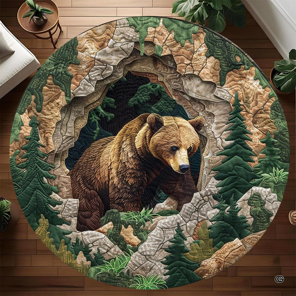 Layered brown bear cavern forest circular area rug in top overhead view