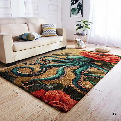 Anti-slip dot backing and hemmed edge stitching on mosaic octopus area rug - thumbnail image 4 of 7
