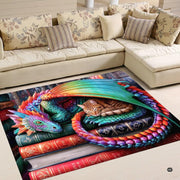 Colorful rainbow winged dragon gently sheltering a sleeping tabby kitten on a stack of vintage books area rug. - thumbnail image 1 of 5