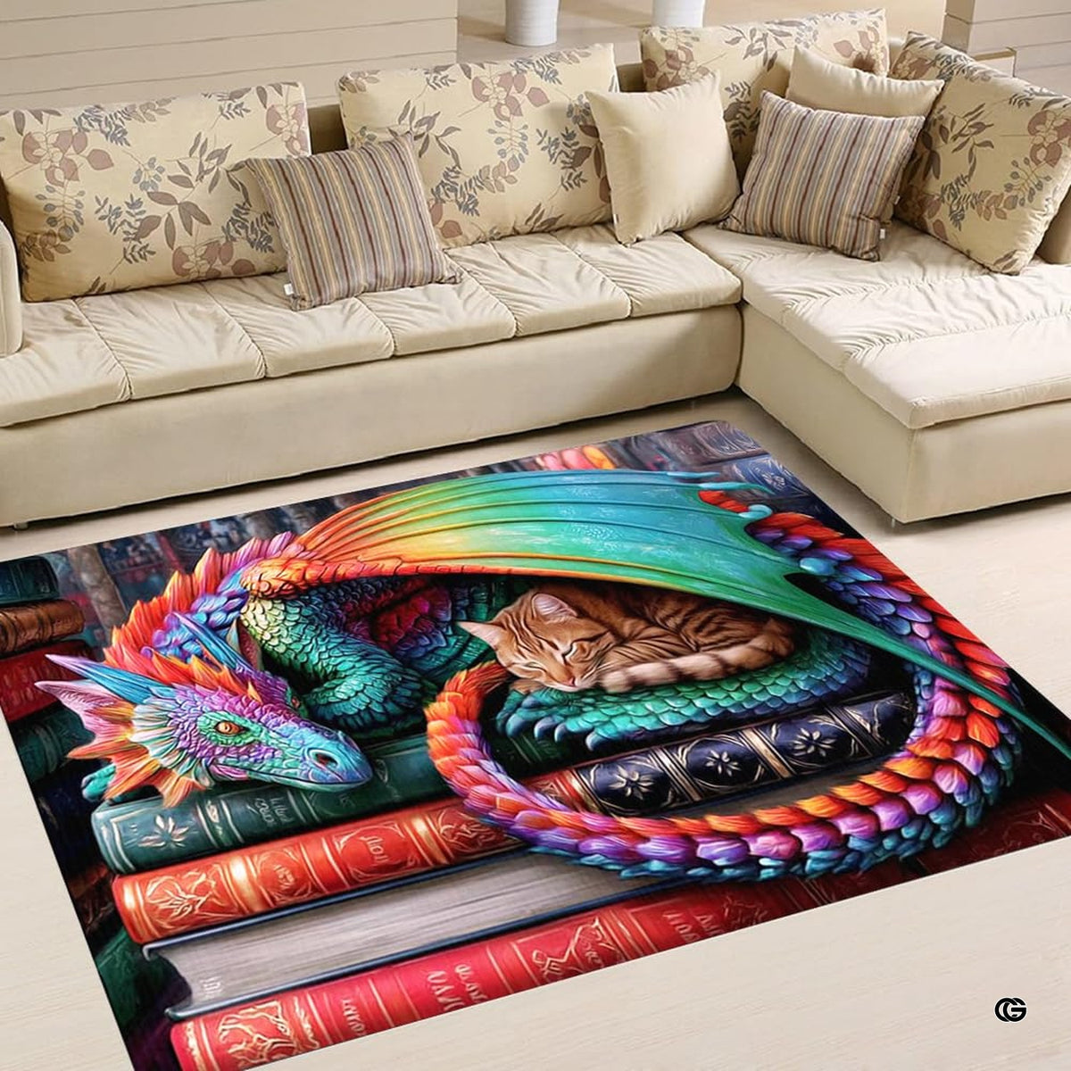 Colorful rainbow winged dragon gently sheltering a sleeping tabby kitten on a stack of vintage books area rug. - image 1 of 5