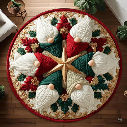 Overhead view of a round Christmas gnome star mandala area rug with gold scrollwork on wood floor.