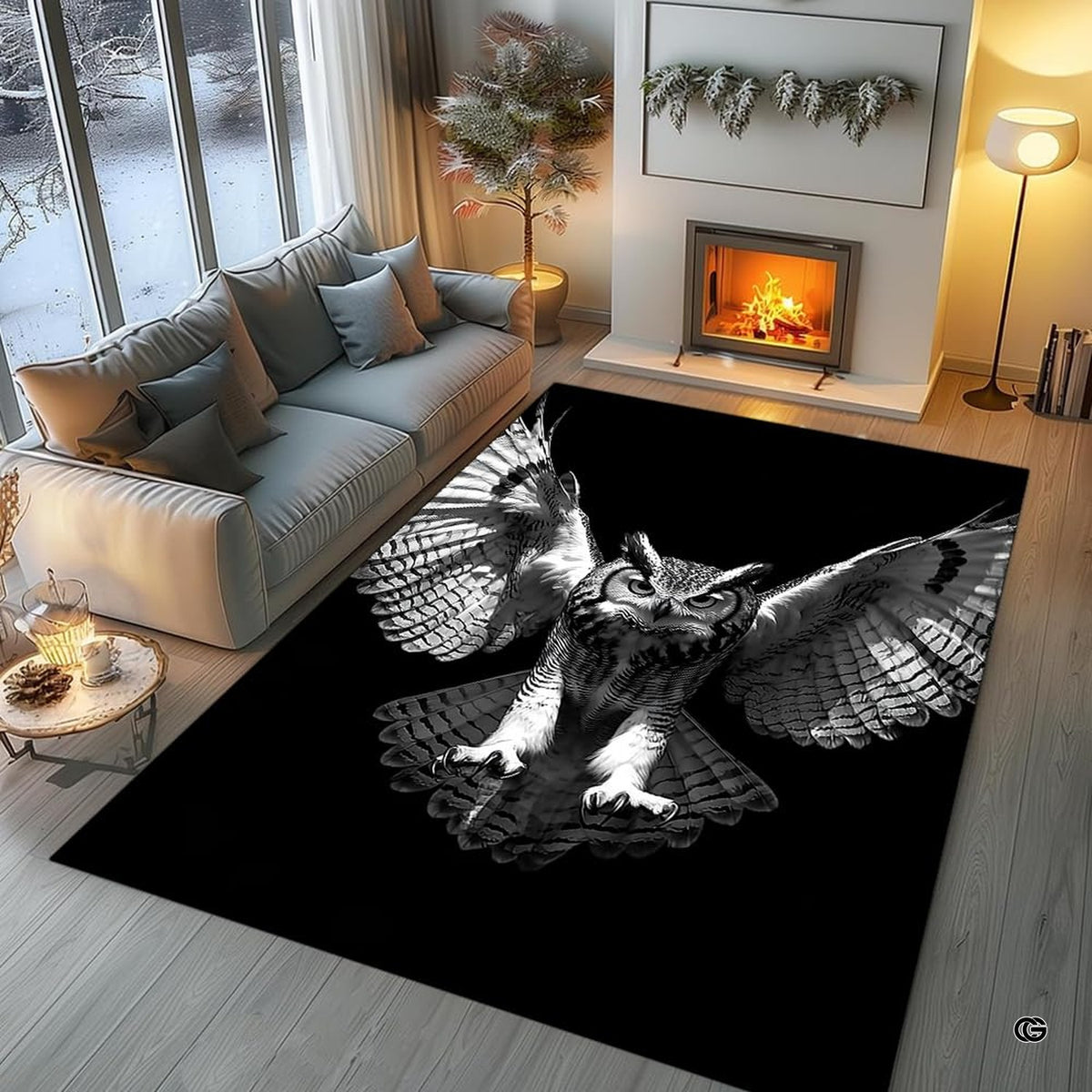 Swooping horned owl wildlife floor rug placed in peaceful bedroom setting