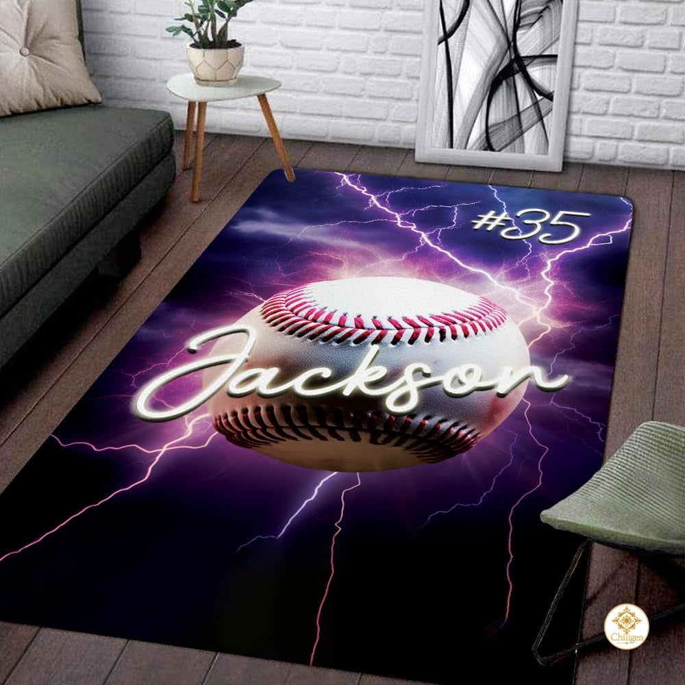 Custom Baseball Area Rug with Sports Theme and Non-Slip Backing