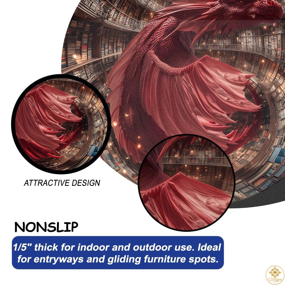 Custom Dragon Round Rug with 3D Illusion and Library Pattern
