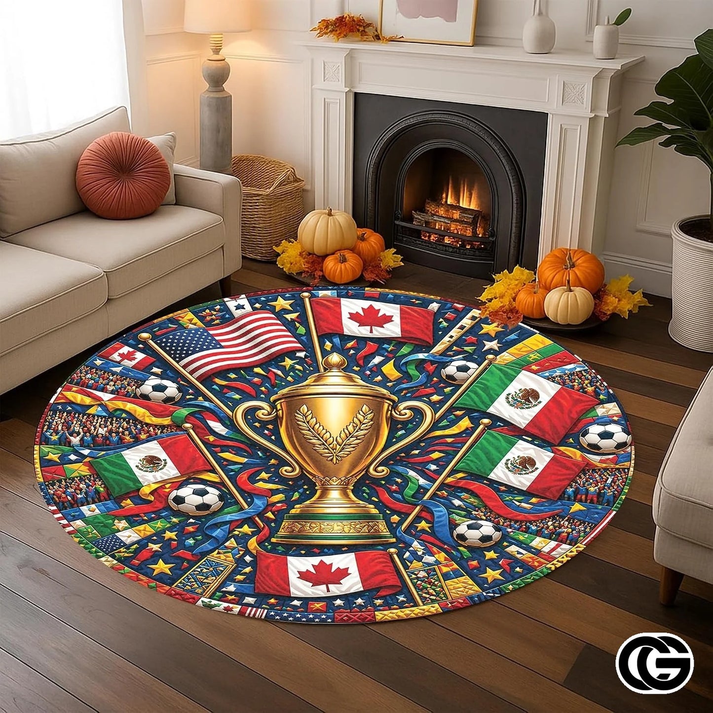 Custom Soccer Tournament Round Rug with Trophy Design - D9