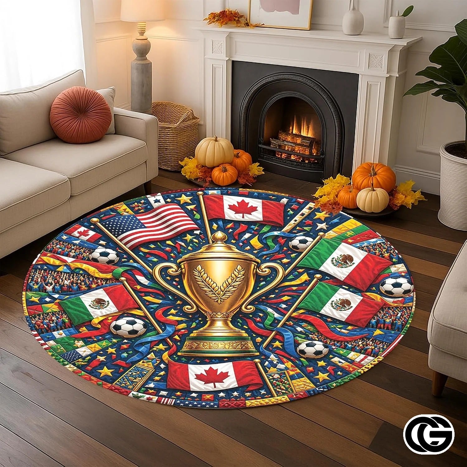 Custom Soccer Tournament Round Rug with Trophy Design - D9