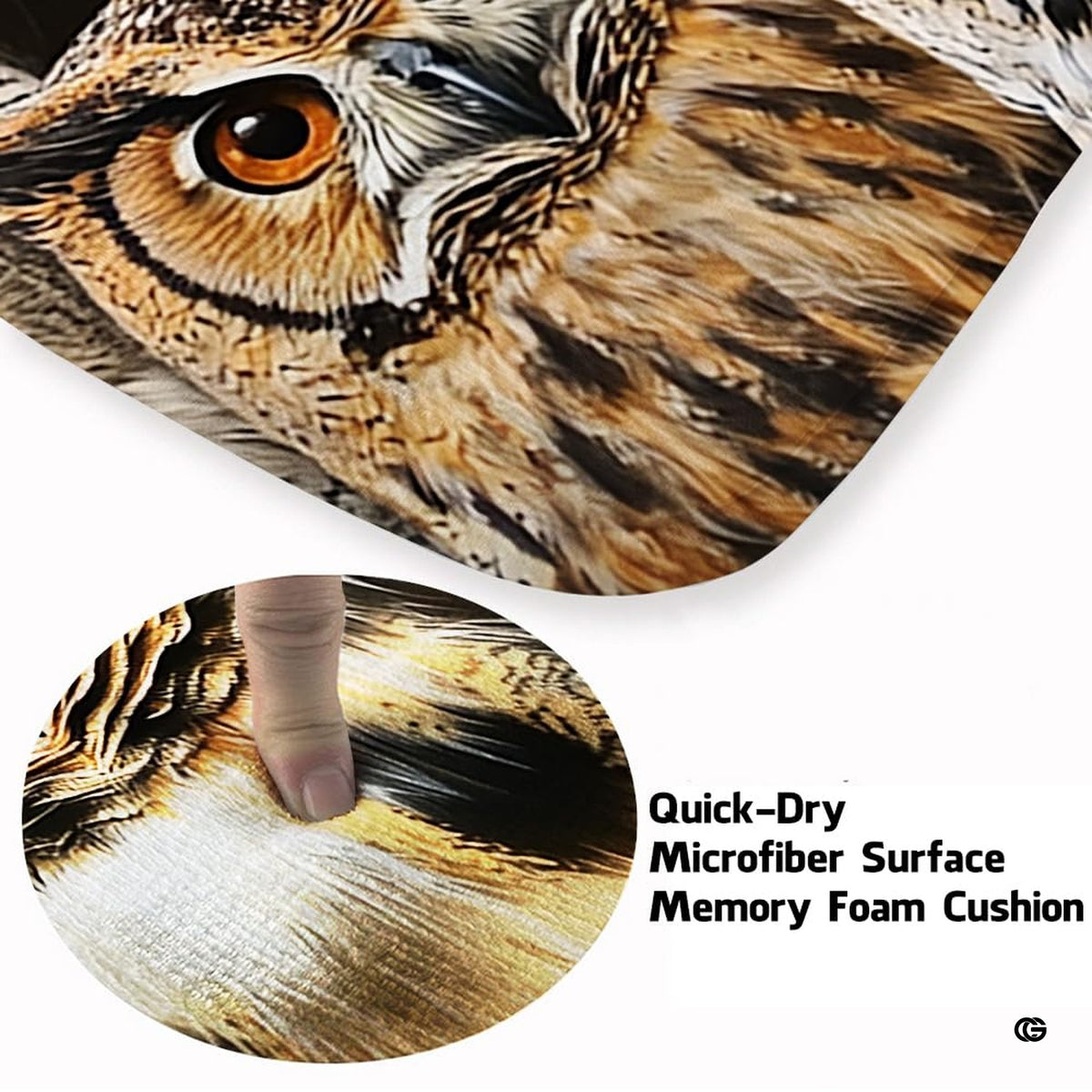 Living room setup styled with graphic design area rugs displaying an owl wildlife motif before a modern sofa.