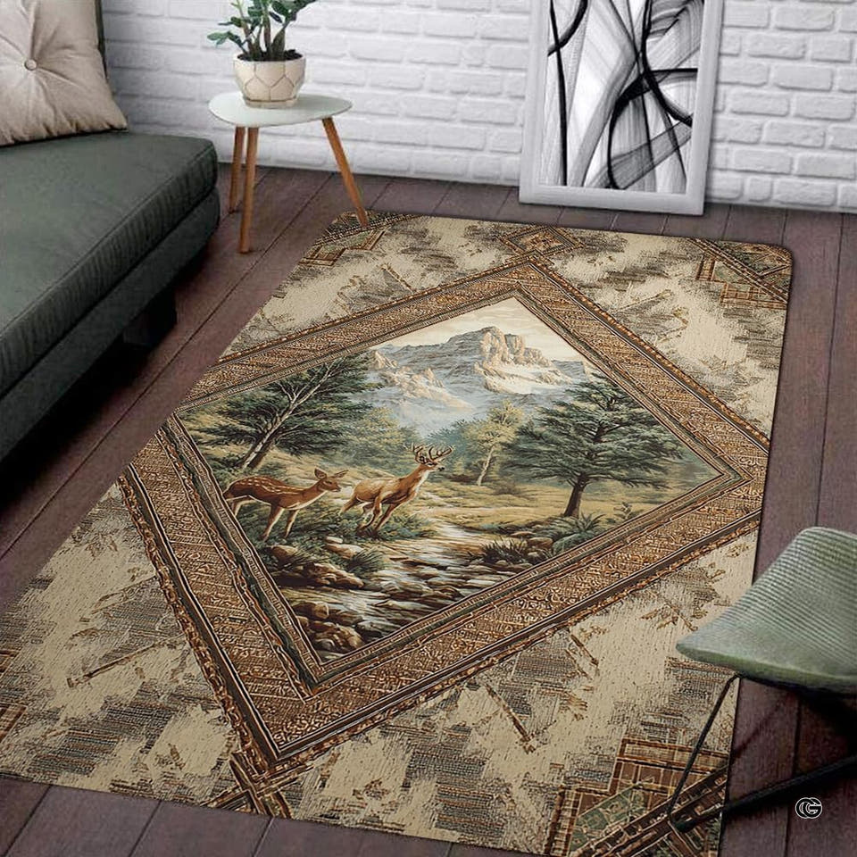 Southwestern area rug 8x10 with mountain deer wildlife art and geometric border in a lodge living room.