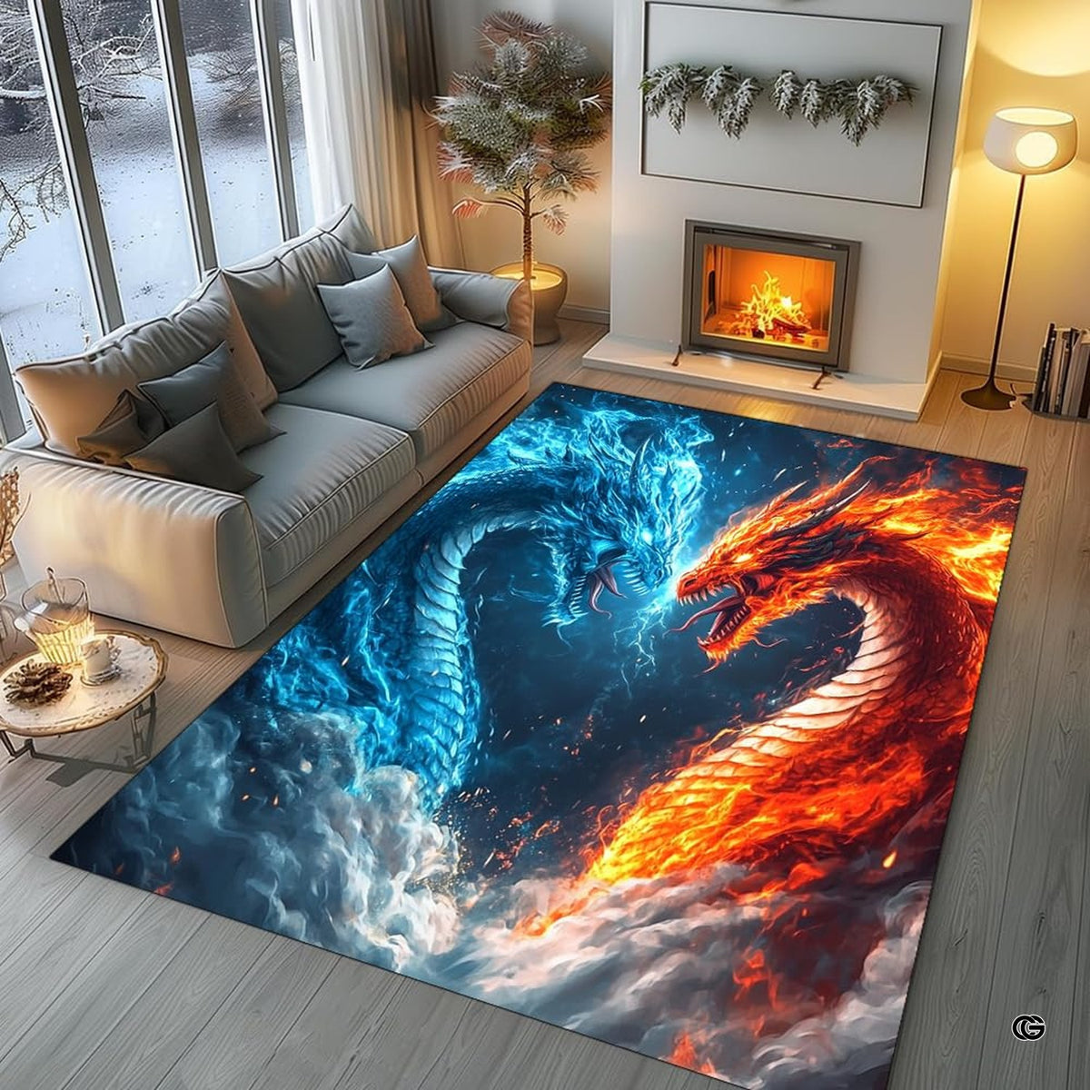 Elemental dual dragon confrontation artwork rug centered in a dramatic dark gaming den. - image 5 of 8