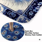 Close up view of the royal blue peacock feather eye pattern and delicate ceramic style floral artwork. - thumbnail image 3 of 7