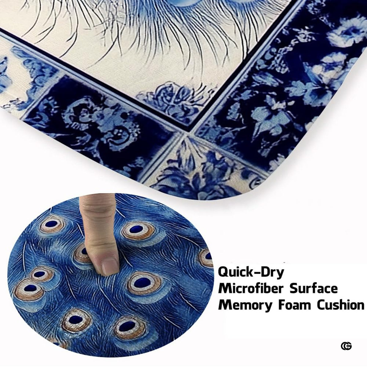 Close up view of the royal blue peacock feather eye pattern and delicate ceramic style floral artwork. - image 3 of 7