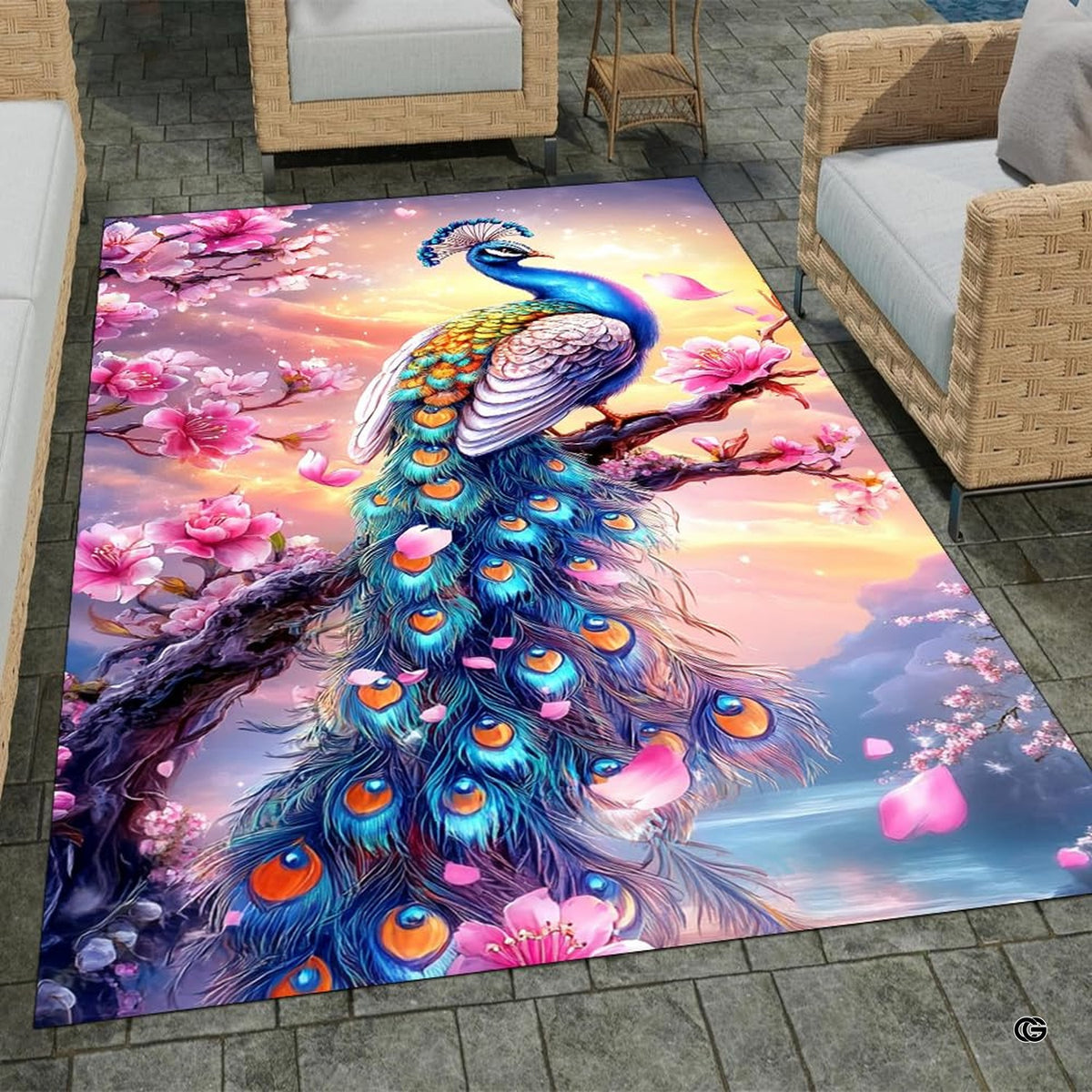Overhead layout view of the rectangular cherry blossom sunset peacock wildlife area rug - image 7 of 8