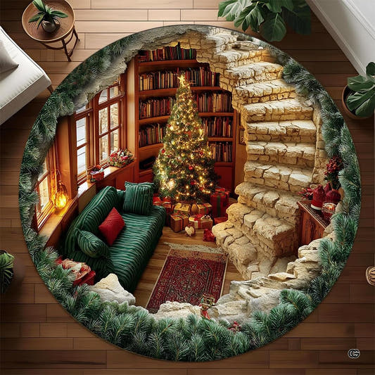Round Area Rug featuring Christmas library spiral staircase illusion with pine garland border.