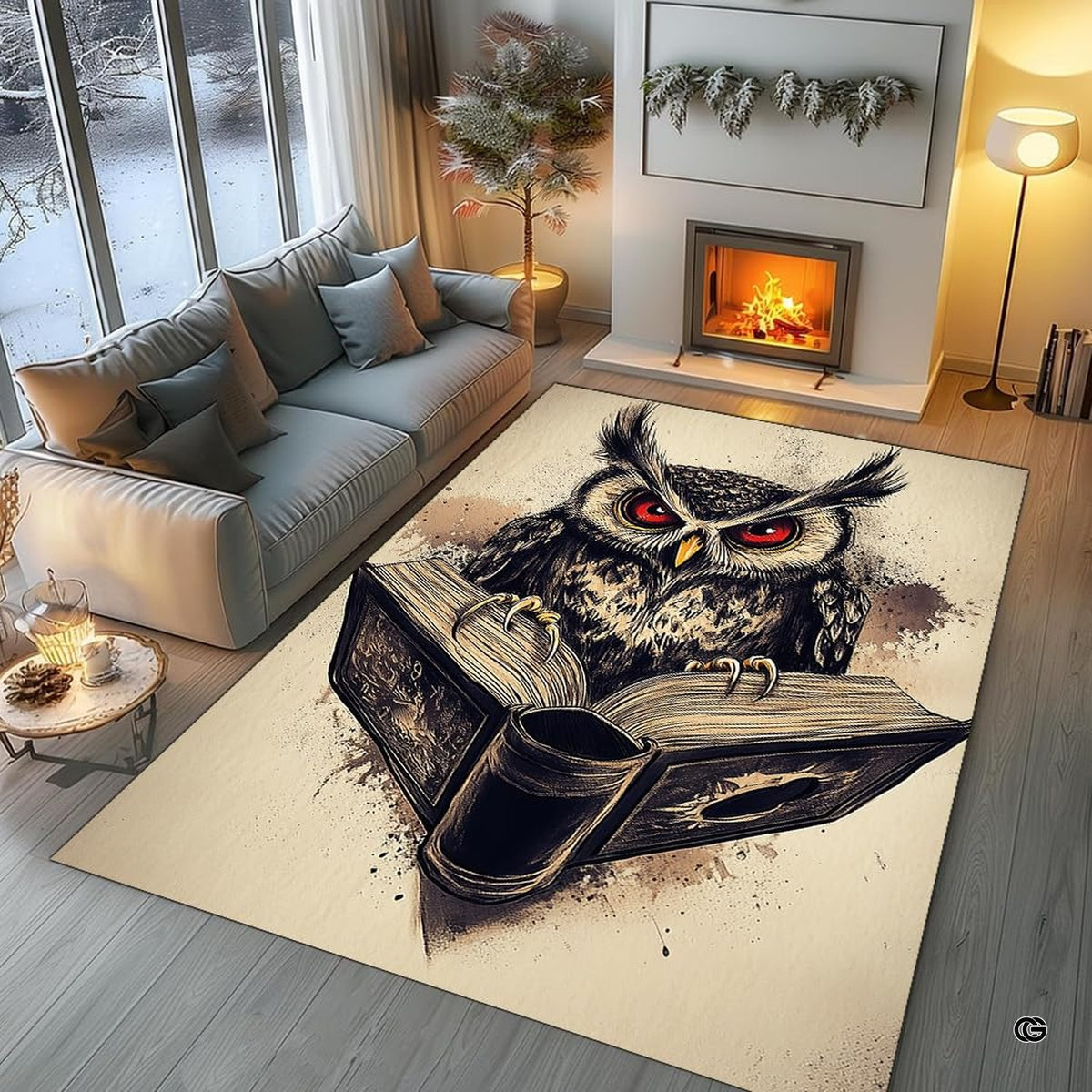 Reading nook scholar owl floor rug placed in comfortable bedroom interior - image 7 of 8