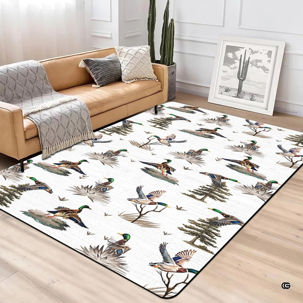 Living room setting styled with a waterfowl pattern area rug beneath a rustic wooden coffee table.