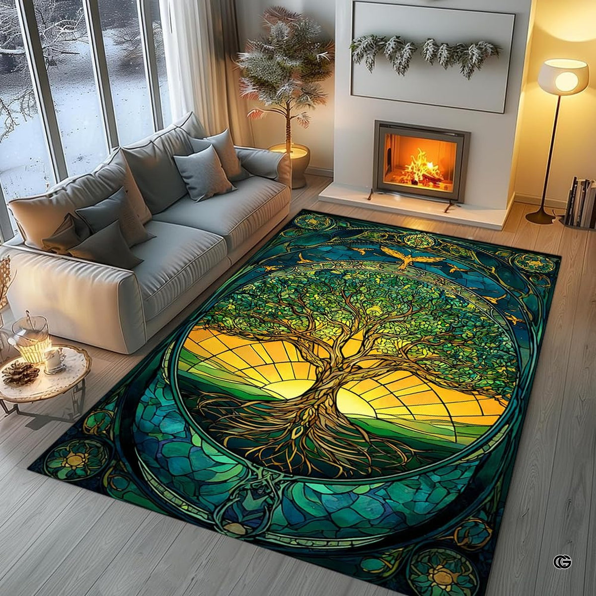 Overhead floor layout view of the stained glass Celtic Tree of Life sunrise area rug