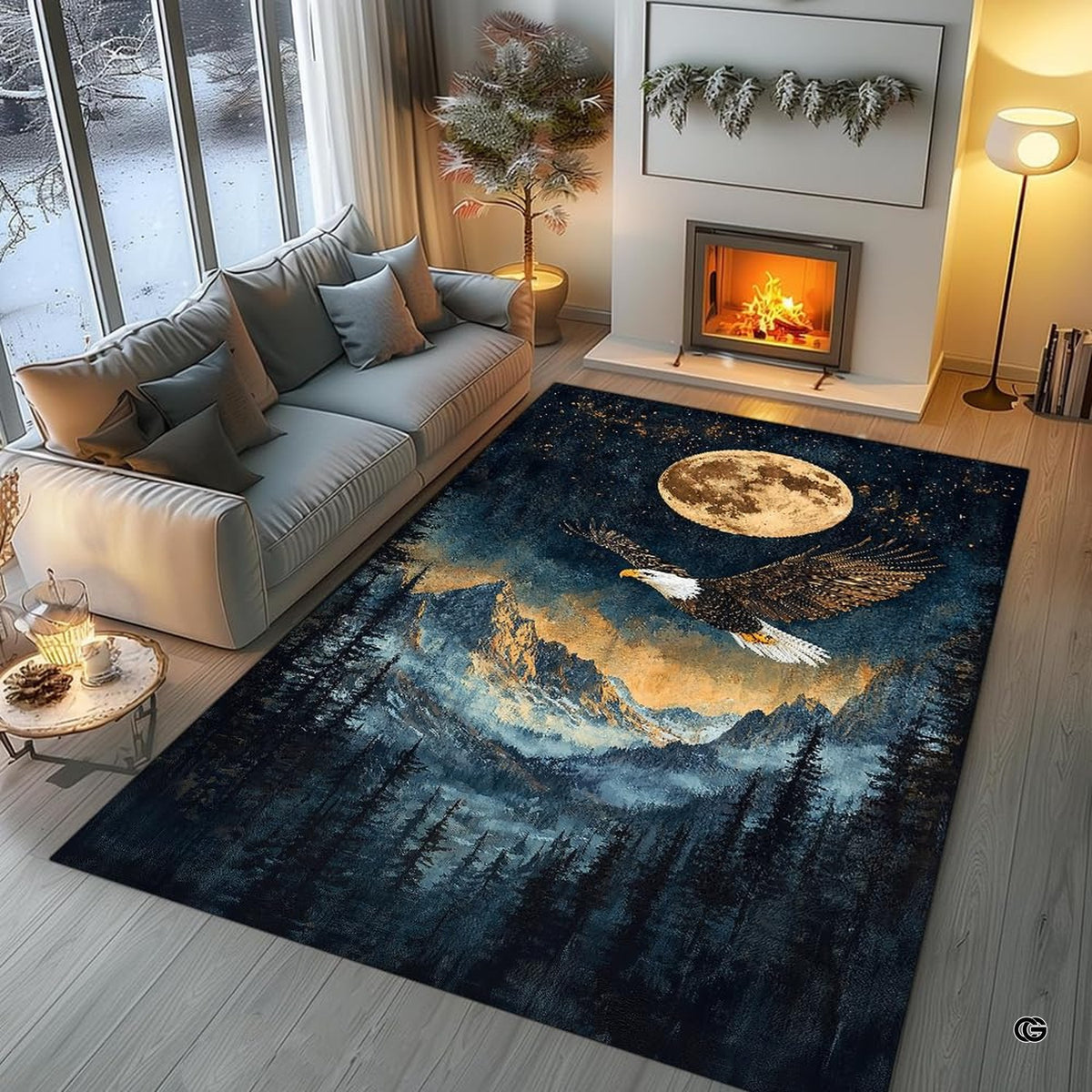 Lifestyle living room scene featuring family lounging on full moon eagle area rug. - image 5 of 7