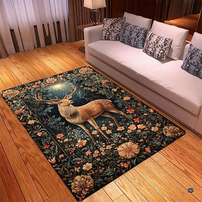Detailed overhead perspective of woodland deer rug showcasing intricate floral garlands and decorative accent amber blossoms. - thumbnail image 2 of 5