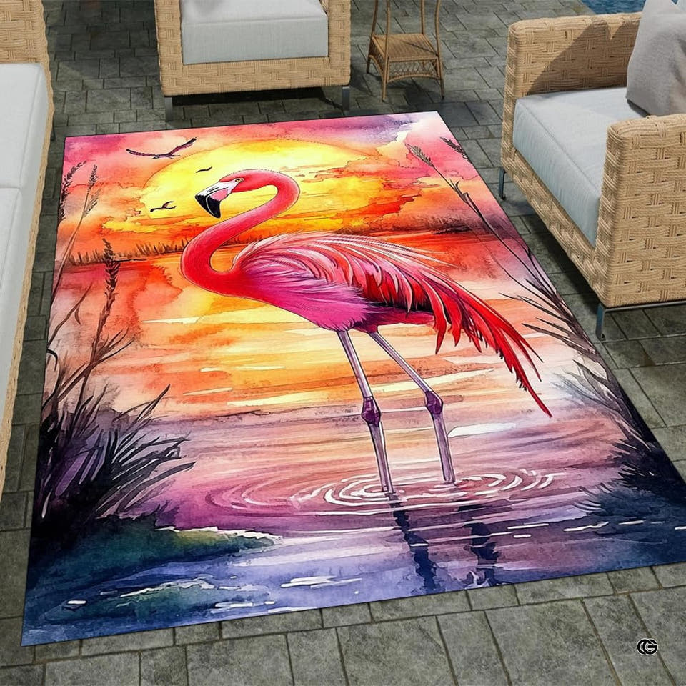 Watercolor pink flamingo sunset marsh area rug - view 1